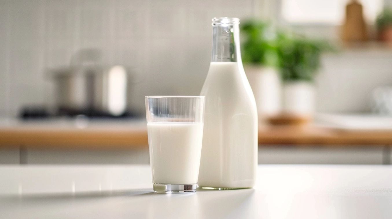 Imagen de una botella de leche rodeada de otros alimentos básicos, resaltando su papel crucial en la alimentación diaria y su contribución al aporte de calcio necesario para el organismo. Palabras clave: alimentación diaria, aporte de calcio, botella de leche, dieta equilibrada, fuente de nutrición, productos lácteos, esencial, salud alimentaria, consumo de leche, bienestar. (Imagen ilustrativa Infobae)