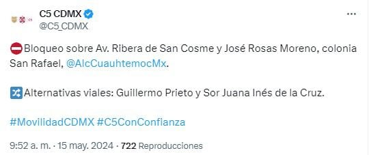 C5 de la CDMX informa sobre cierres viales en San Cosme y alternativas viales por la marcha de la CNTE del 15 de mayo