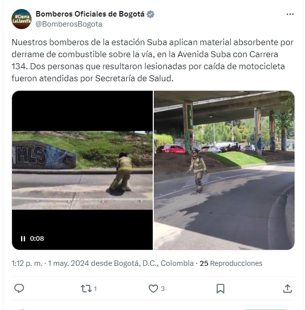 Se recomienda prudencia a los motociclistas que se movilizan por este sector de la localidad de Suba - crédito @BogotaTransito/X