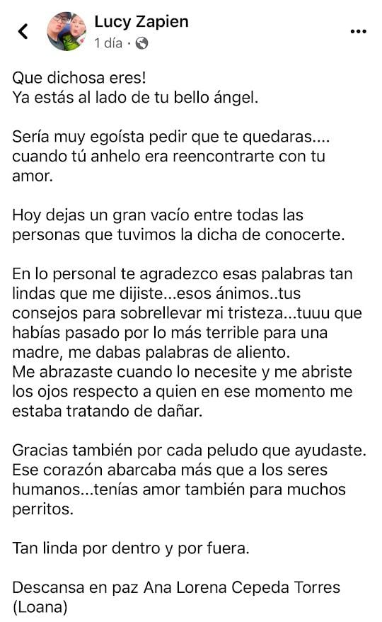 Sus amigos y colegas enviaron su pésame a la familia de Loana y reconocieron su labor para defender a los perritos callejeros.