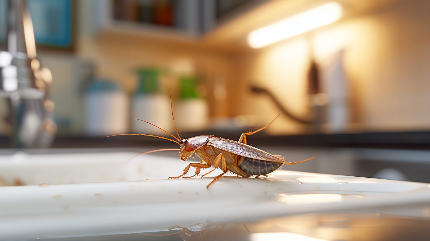 Cucaracha en cocina sucia, Macrofotografía cucaracha, Detalles exoesqueleto cucaracha, Lente macro 100mm, Cocina desordenada, Llave de agua en fondo, Paleta de colores grises y verdes, Simulación película 35mm, Ambiente poco higiénico, Fotografía estilizada, Estética cinematográfica, Naturaleza persistente en entorno adverso, Fotografía de insectos, Estilo vintage en imagen, Tonalidades de grises y verdes, Fotografía artística de cocina, Detalle de cucaracha en primer plano, Macrofotografía con lente 100mm (Imagen ilustrativa Infobae)