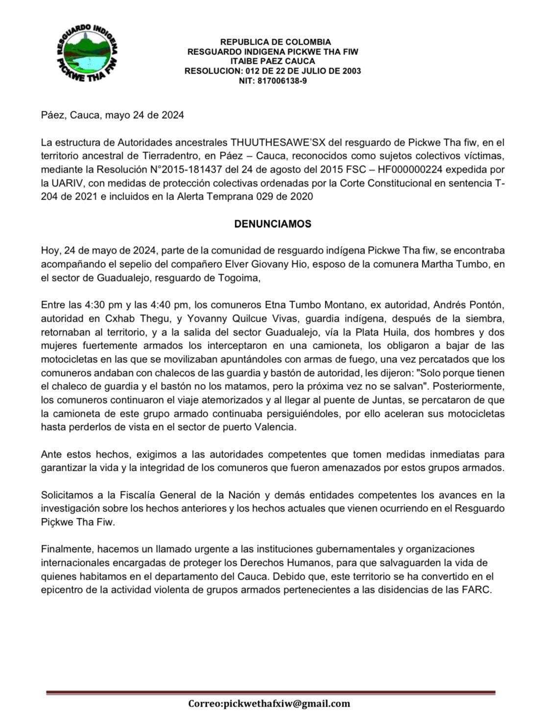 Esta fue la denuncia de la senadora 
Aida Quilcué - crédito @aida_quilcue/X