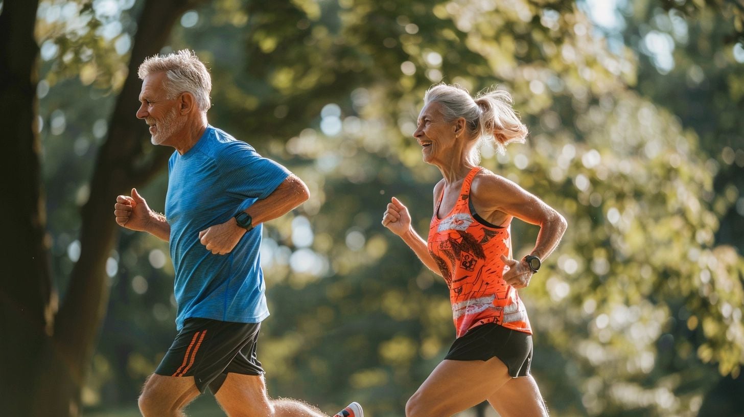 Pareja de ancianos activos disfrutando de una sesión de trote en un entorno verde y natural, evidenciando su compromiso con un estilo de vida saludable y la actividad física regular. Su elección de correr como parte de su rutina diaria subraya la conexión entre el bienestar físico y la longevidad, resaltando la importancia de mantenerse en forma y cuidarse mutuamente en la tercera edad. (Imagen ilustrativa Infobae)