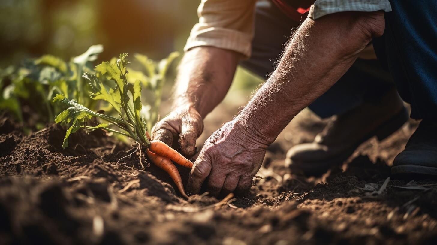 Imagen de manos extrayendo zanahorias frescas de la tierra en un huerto orgánico. Este acto de cosecha promueve la conexión con la naturaleza y la alimentación saludable. (Imagen ilustrativa Infobae)