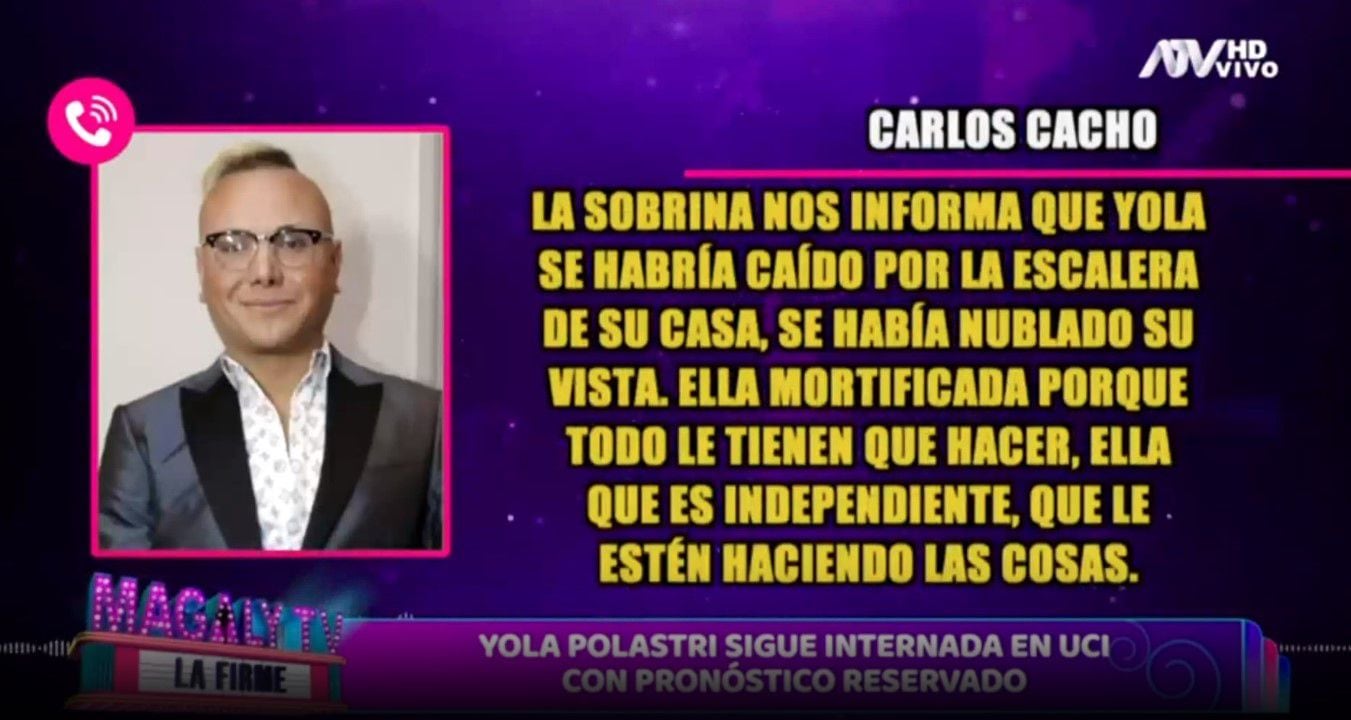 Carlos Cacho revela que Yola Polastri tuvo fuerte caída hace 20 días: “Se había nublado su vista, estaba mortificada”. (Captura: Magaly Tv La Firme)