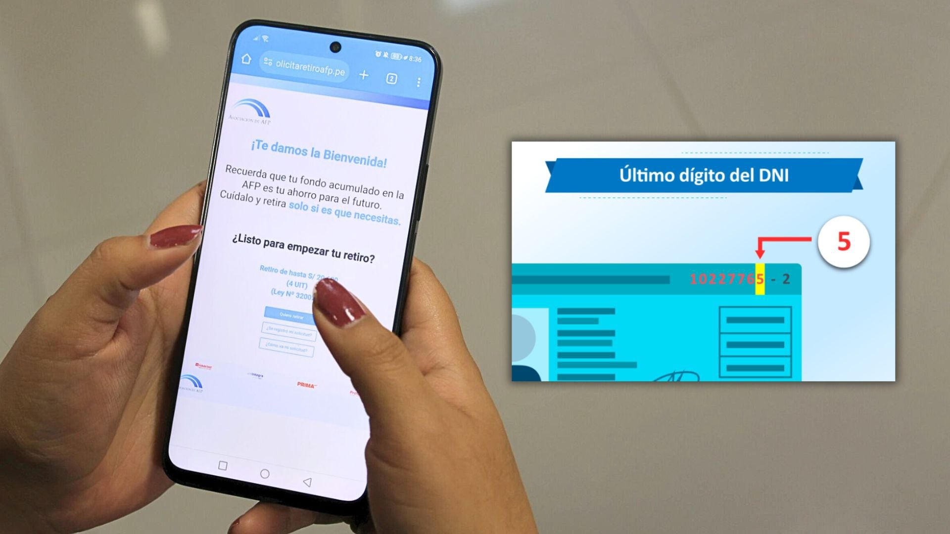 mano con foto de página de Asociación de AFP y captura del DNI