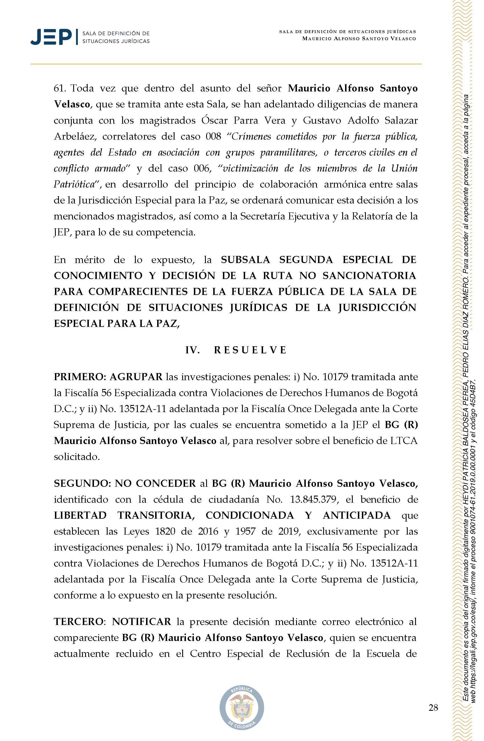 La JEP no concede el beneficio de libertad transitoria, condicionada y anticipada al general (r) Mauricio Santoyo Velasco - crédito @JEP_Colombia/X