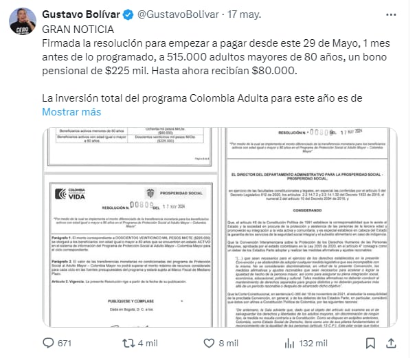 Gustavo Bolívar confirmó la primera fecha en la que se harán transferencias por un total de $225.000 - crédito @GustavoBolivar/X