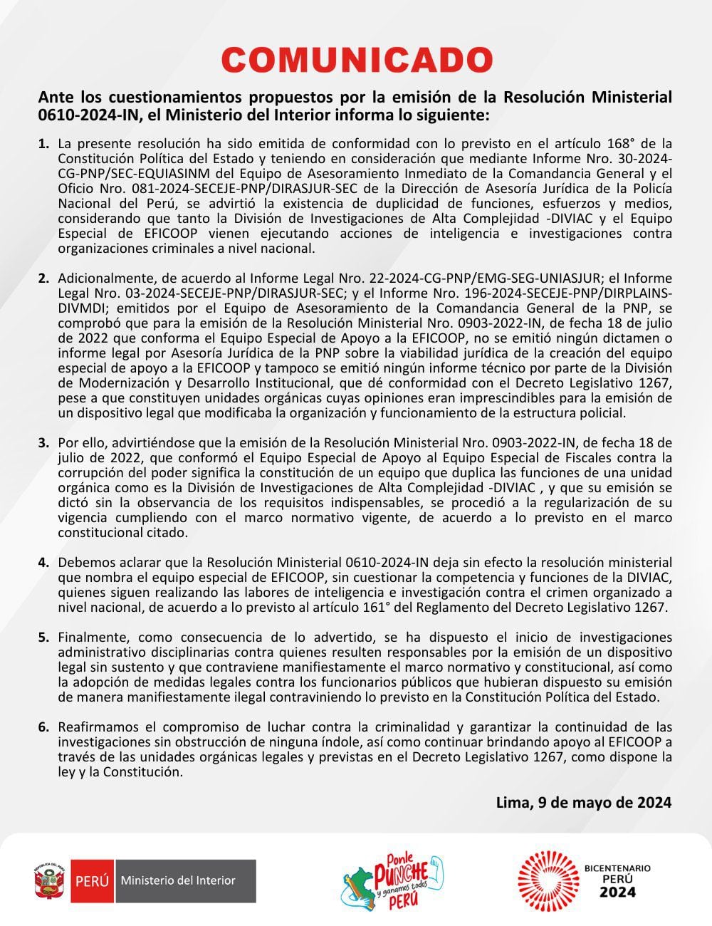 Comunicado del Ministerio del Interior sobre la resolución ministerial con la que se desactivó al equipo especial de la PNP.