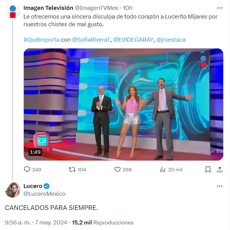 Lucero rechazó las disculpas públicas de los conductores de Imagen Televisión.