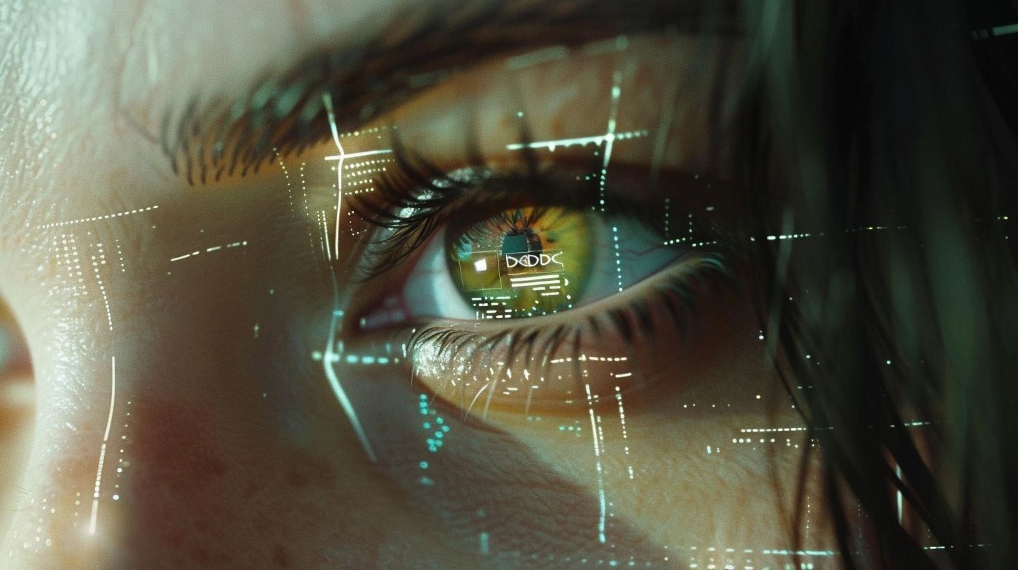 Detalle de un ojo femenino visualizando datos complejos mediante un asistente de realidad aumentada, representando la integración avanzada de la inteligencia artificial y la tecnología en nuestra interacción con el mundo digital y el internet del futuro. (Imagen ilustrativa Infobae)