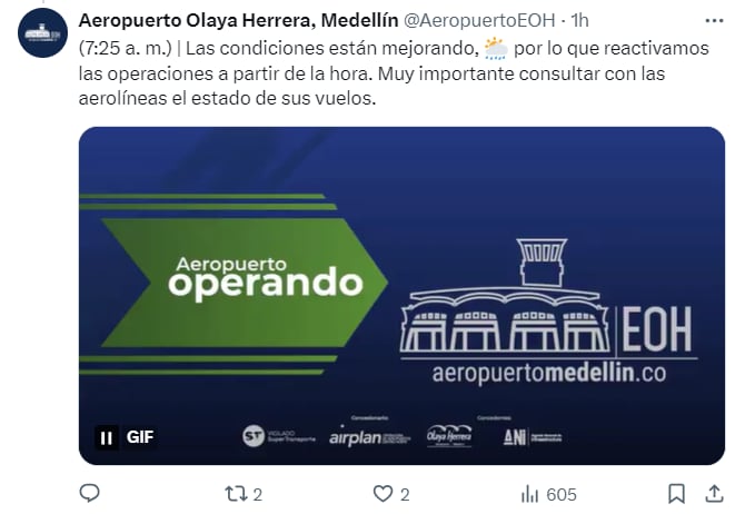 Tras fuertes lluvias en el valle de Aburrá, el aeropuerto de Medellín retomó su operación - @AeropuertoEOH/X