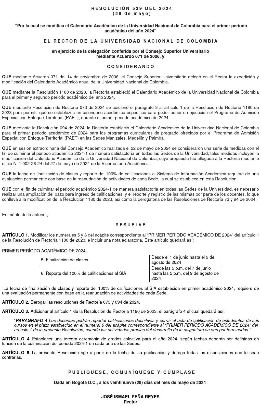 Resolución 539 de Rectoría de la Universidad Nacional de Colombia - crédito Universidad Nacional