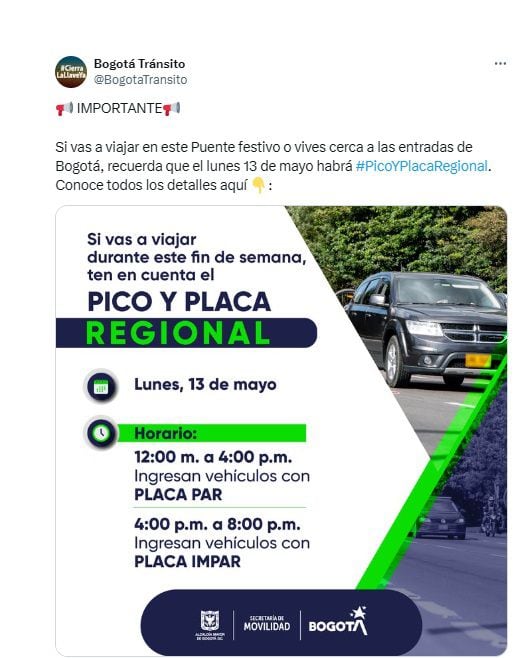 Anuncio Pico y Placa Regional para el lunes 13 de mayo para ingresar a Bogotá. (Crédito: Secretaría de Movilidad)