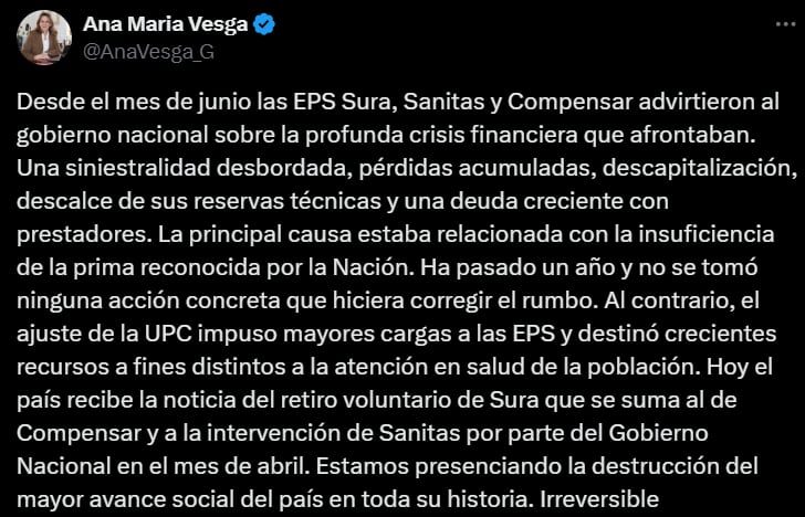 Ana María Vesga, presidenta de Acemi tras decisión de EPS Sura - crédito @AnaVesga_G/X