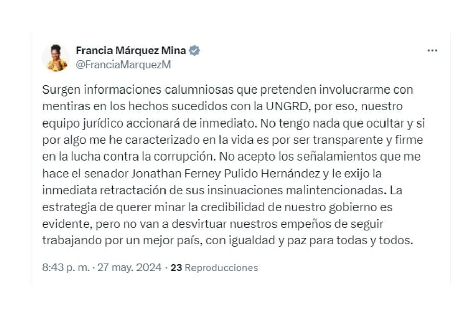 Francia Márquez y su respuesta a la información que la vincula a la Ungrd