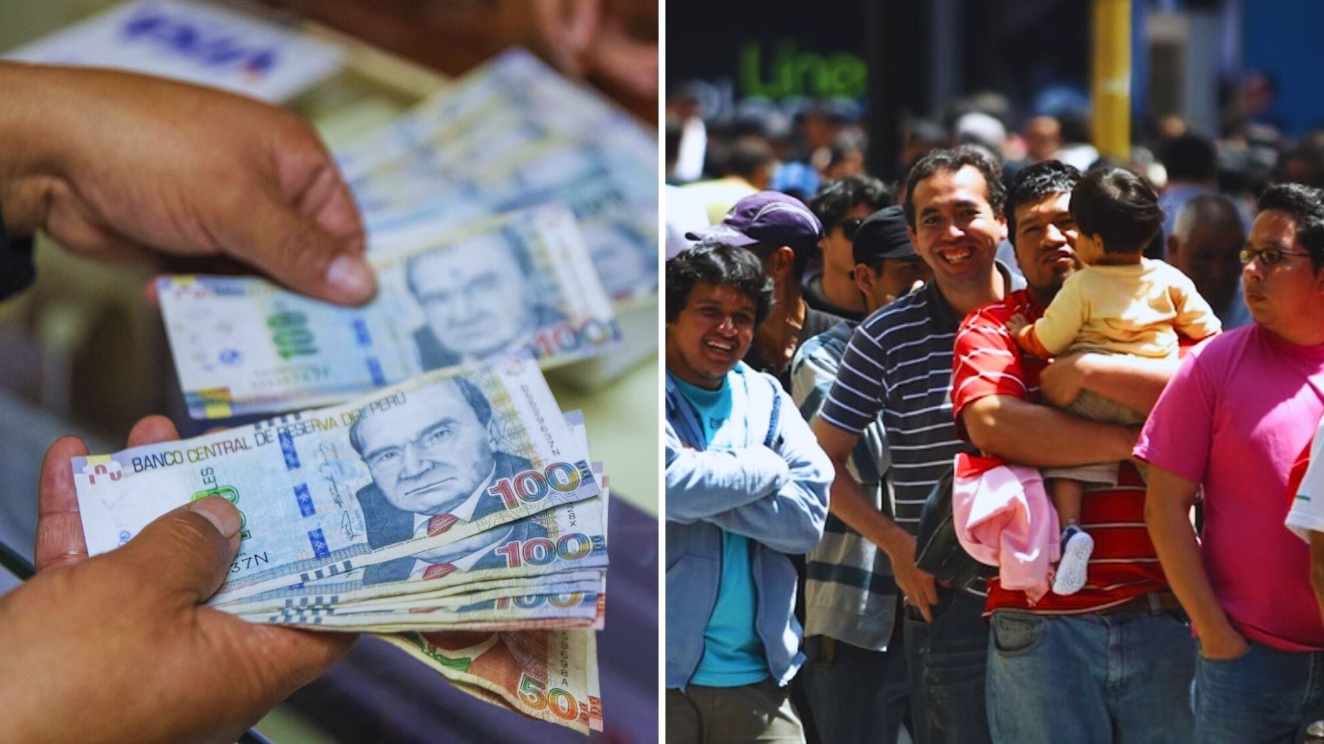 Mano dando billetes de soles, y foto de peruanos felices