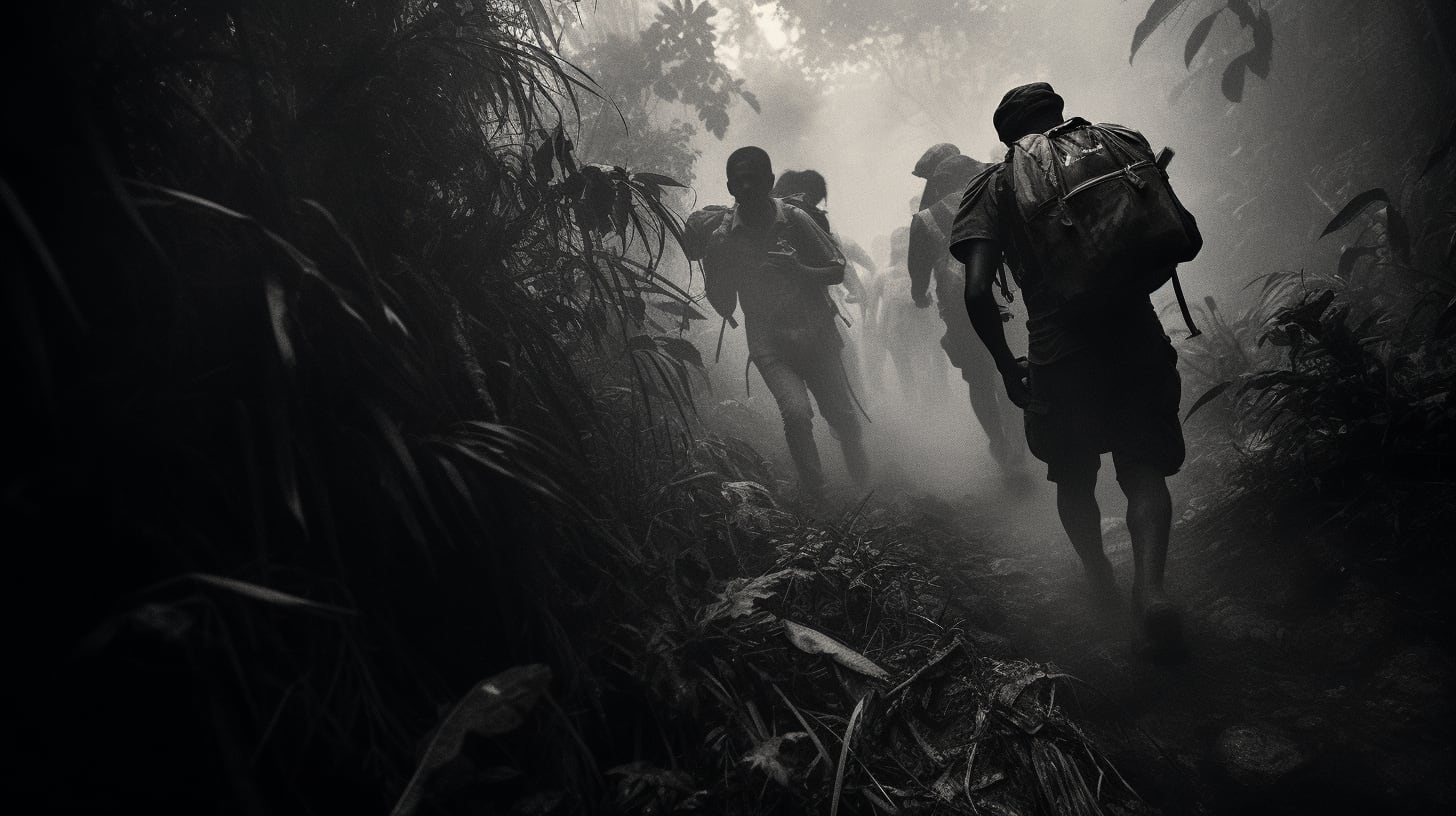 Migrantes centroamericanos, Cruce de migrantes, Selva en camino a Estados Unidos, Grupo de migrantes en travesía, Ruta hacia Estados Unidos, Migración hacia EE. UU., Camino de migrantes a través de la selva, Travesía migratoria en selva, Migrantes hacia la frontera de Estados Unidos, Cruzando selva hacia Estados Unidos, Caravana de migrantes centroamericanos, Viaje de migrantes hacia EE. UU., Trayecto de migrantes en selva, Travesía hacia Estados Unidos desde Centroamérica, Migrantes en ruta a Estados Unidos, Migración en busca de oportunidades, Camino de migrantes en selva hacia EE. UU  (Imagen ilustrativa Infobae)