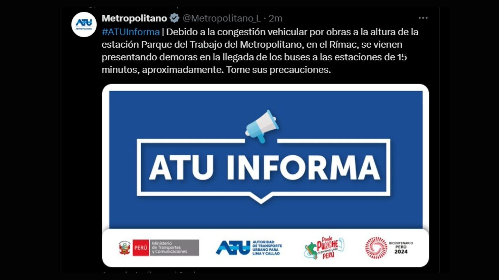 Comunicado de la ATU por demoras en la llegada de buses