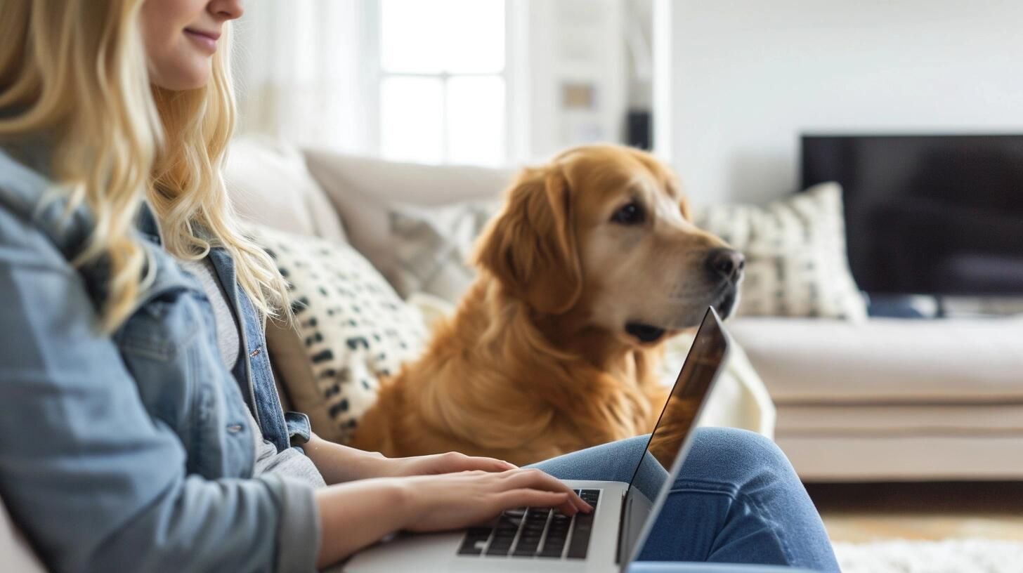 Mujer profesional trabajando en su computadora en casa, con su perro a su lado, ilustrando cómo el trabajo remoto permite combinar la productividad profesional con la compañía de las mascotas. (Imagen ilustrativa Infobae).