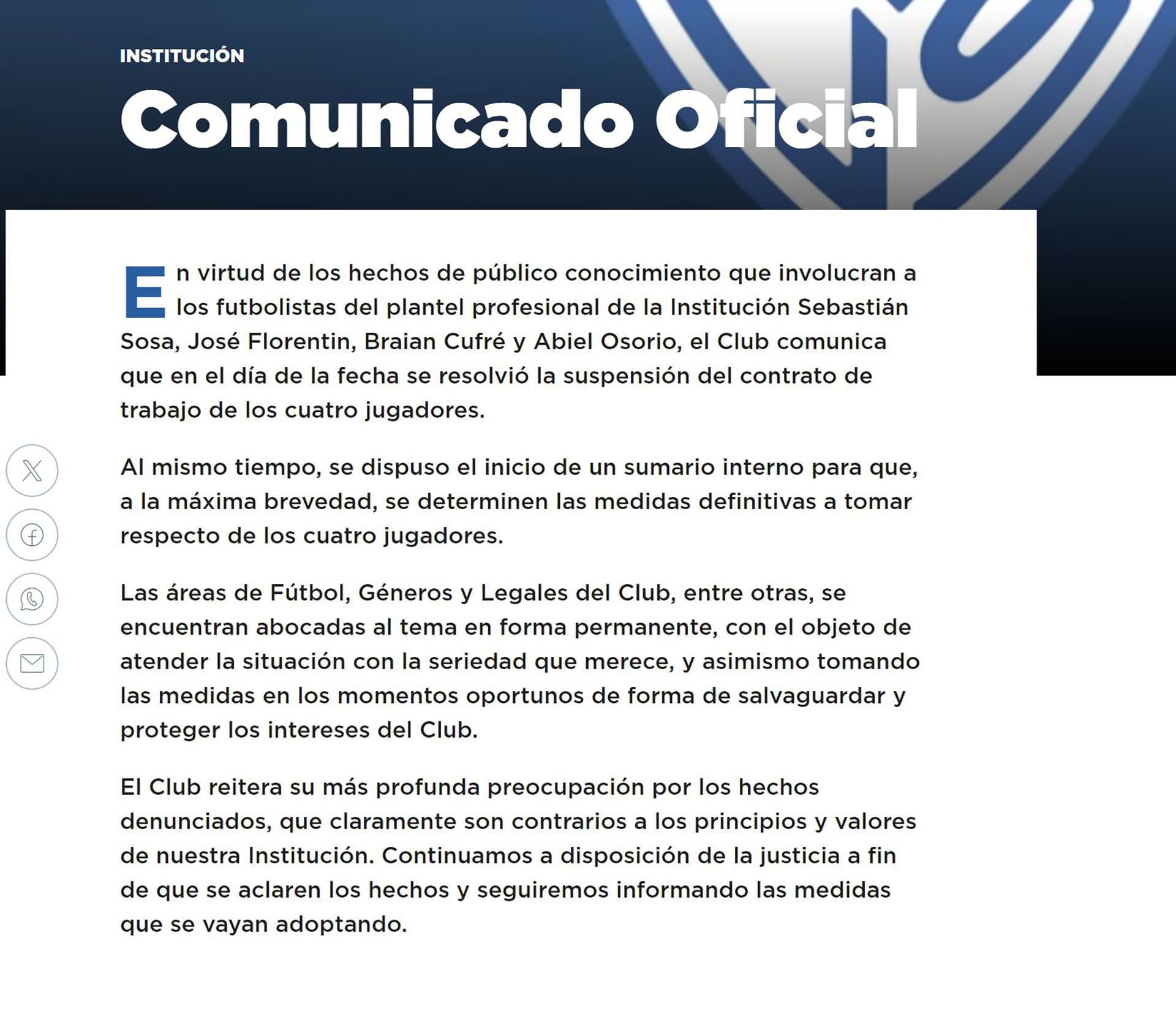 Comunicado de Vélez sobre los 4 acusados