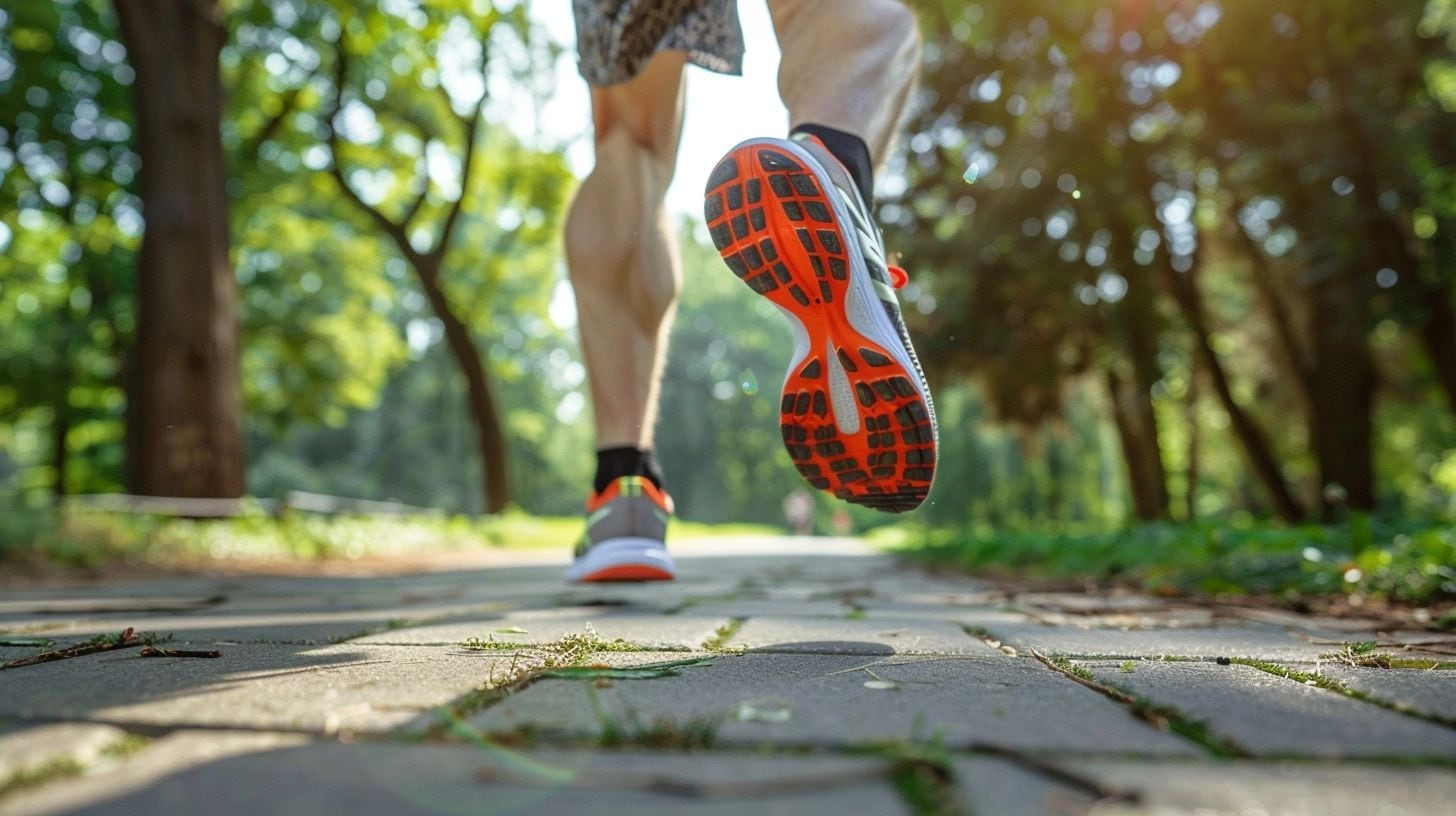 Detalle de calzado deportivo de un hombre joven en plena carrera por un sendero del parque, evidenciando su compromiso con un estilo de vida activo y saludable. Este primer plano representa el esfuerzo y la determinación por mantener un buen estado físico y mental, disfrutando del ejercicio en el contexto revitalizante del aire libre. (Imagen ilustrativa Infobae)