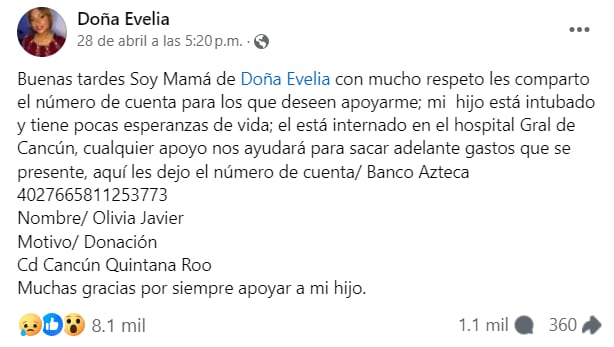 La madre de Benjamín González, la señora Olivia Javier, recurrió a la página de su hijo en las redes sociales para solicitar apoyo económico.