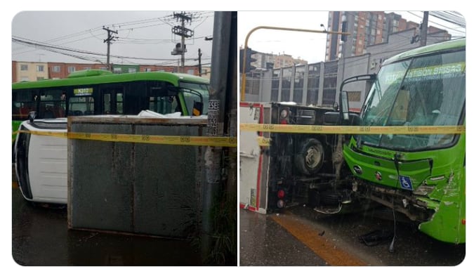 Siniestro vial en la localidad de Fontibón entre bus y camión que sufre volcamiento en la carrera 96B con calle 17 - crédito @BogotaTransito / X