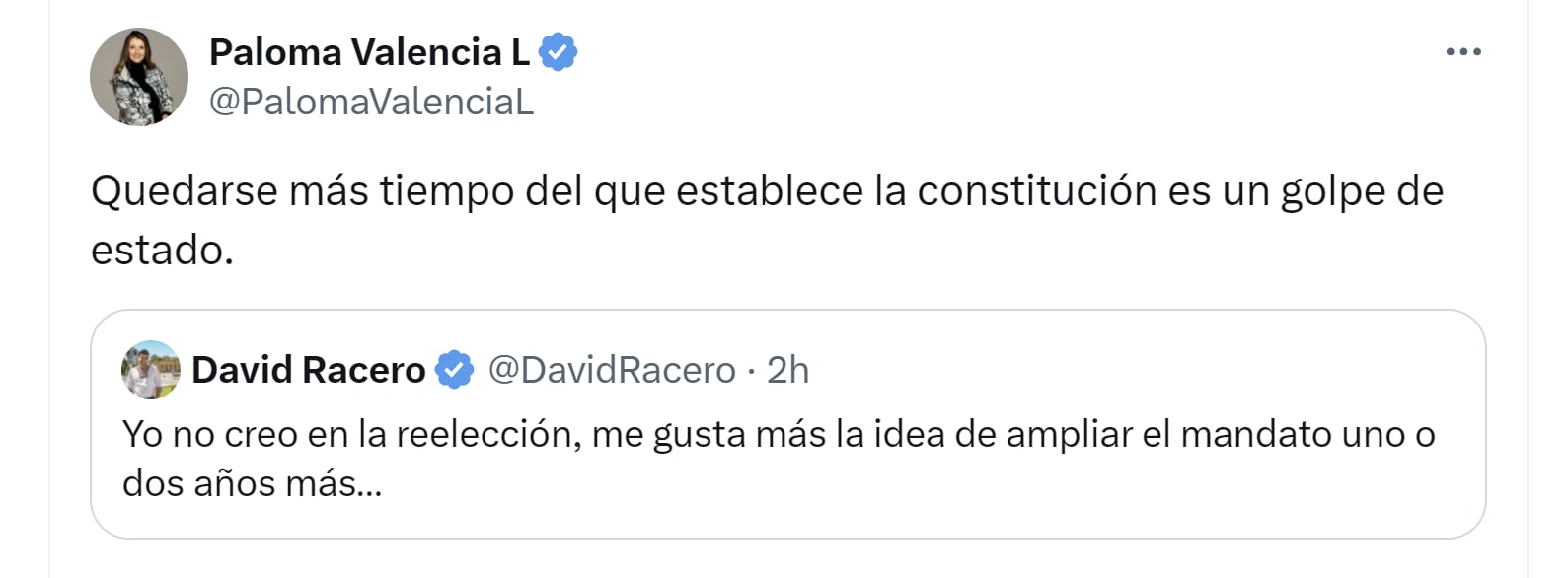 La senadora Paloma Valencia aseguró que extender el mandato presidencial sería un golpe constitucional