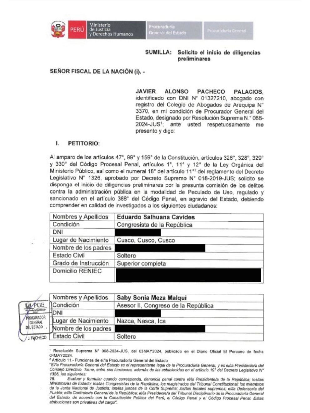 Congresista Salhuana será investigado por la Fiscalía.