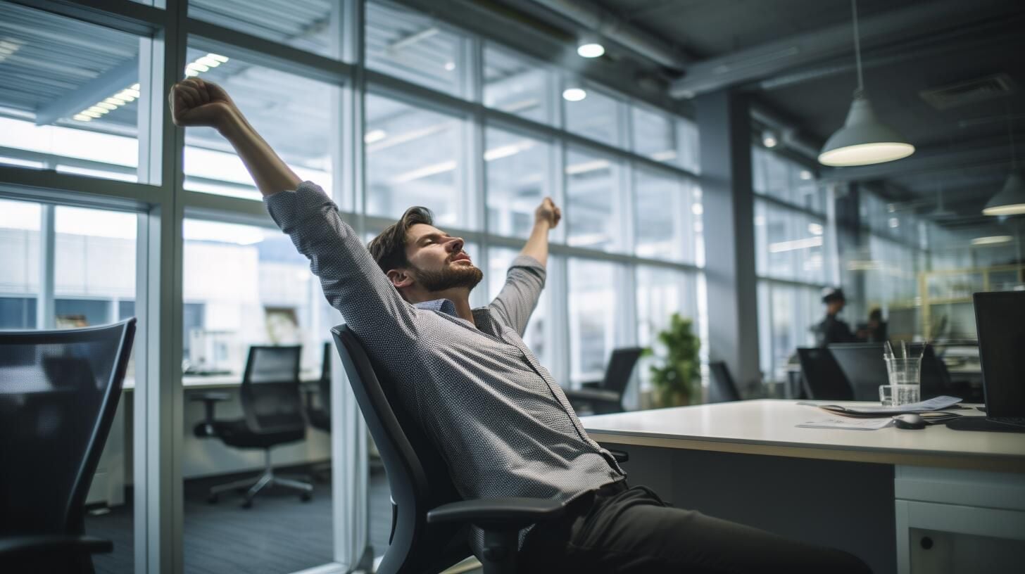 Hombre ejecuta ejercicios para prevenir dolores y mejorar postura en entorno laboral. Estrategias contra el sedentarismo y cuidado de la salud en el trabajo diario. Evita el cansancio con hábitos activos. (Imagen Ilustrativa Infobae)