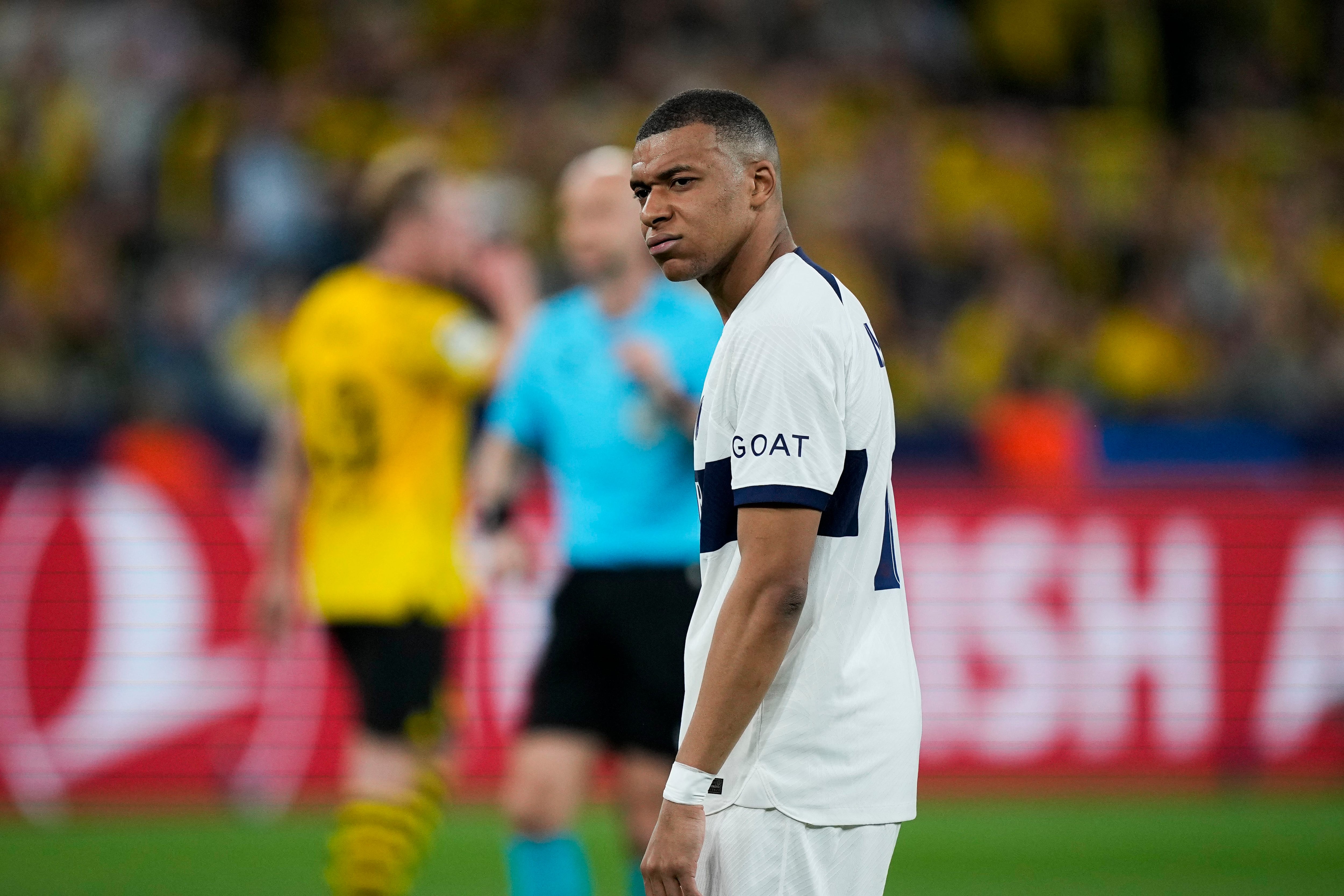 Kylian Mbappé del Paris Saint-Germain durante la ida de las semifinales de la Liga de Campeones contra el Borussia Dortmund, el miércoles 1 de mayo de 2024. (AP Foto/Martin Meissner)