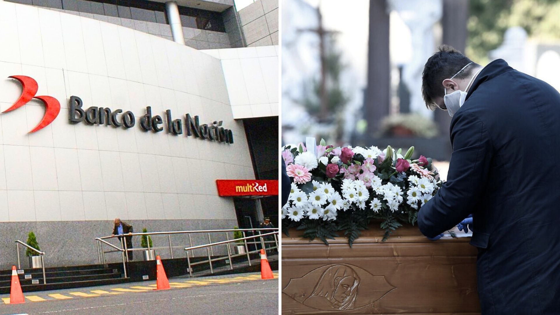 Fachada del Banco de la Nación y persona encima de un cajón fúnebre lamentando a su ser querido y con flores