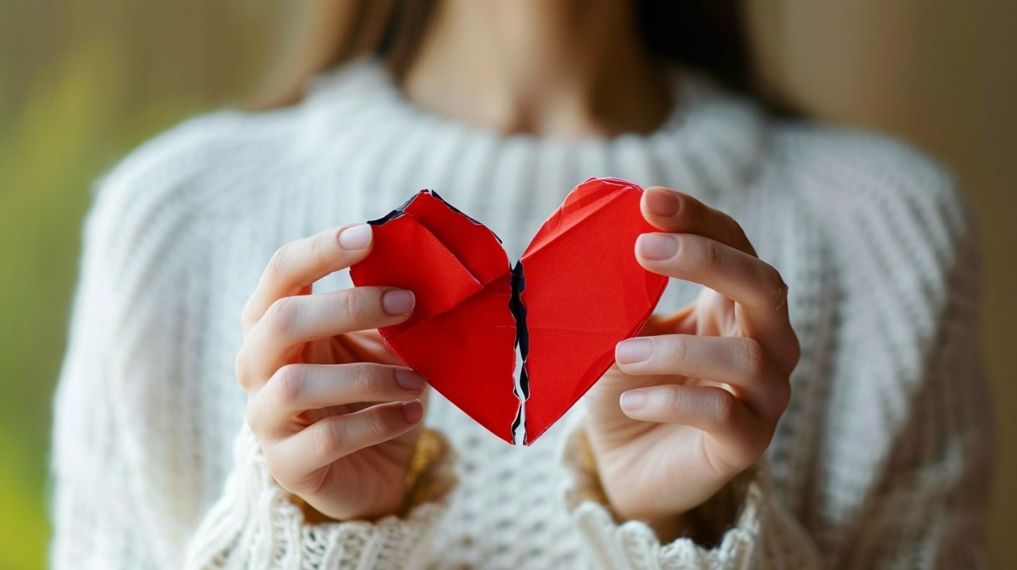 Una joven mira con tristeza un corazón de papel desgarrado, evidenciando la emoción de una ruptura sentimental. El símbolo del corazón roto ilustra el dolor de los amores perdidos, la separación emocional y la difícil realidad del rechazo en las relaciones amorosas. (Imagen ilustrativa Infobae)