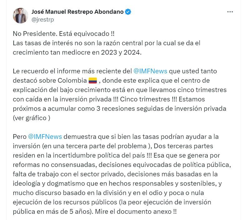 José Manuel Restrepo, exministro de Hacienda, recordó que el FMI estableció que las tasas de interés podrías ayudar a la inversión - crédito @Jrestrp/X