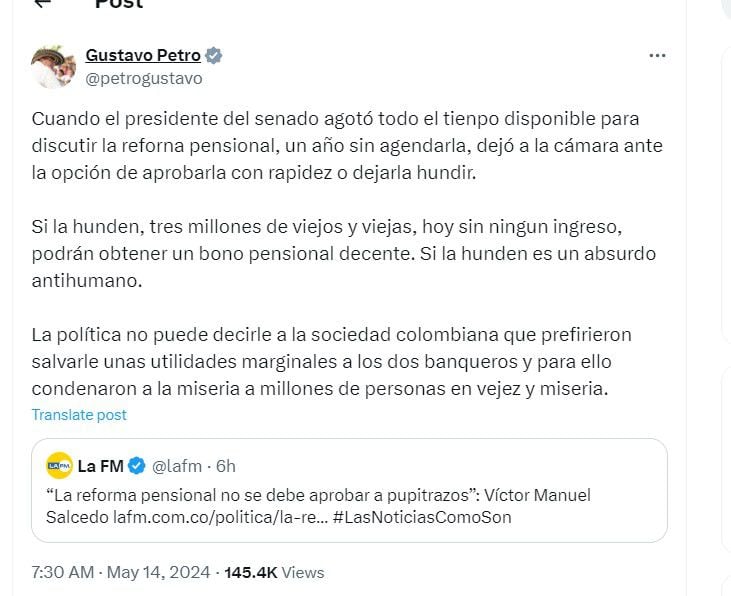 Gustavo Petro defiende a la reforma pensional en su cuenta de X - crédito @petrogustavo