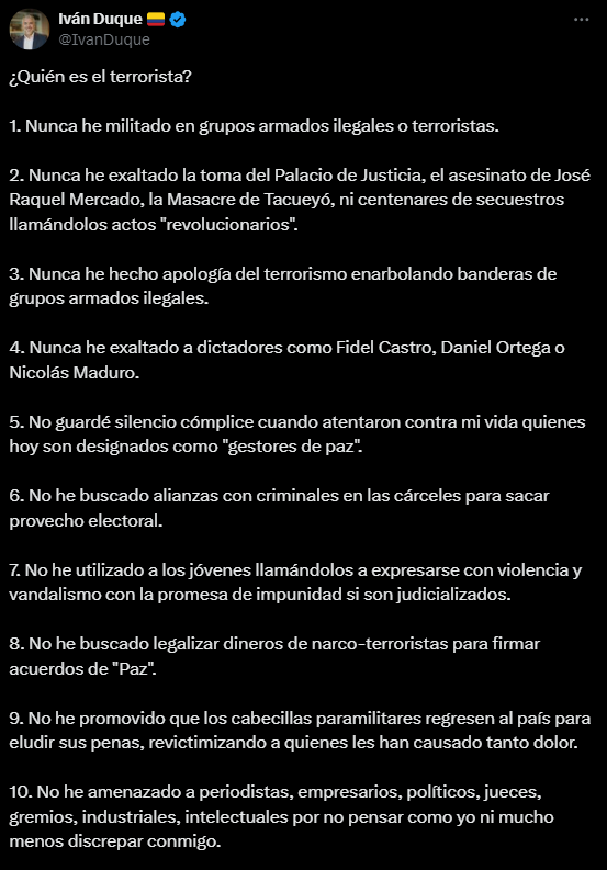 Respuesta del expresidente Duque a Petro por llamarlo terrorista - crédito @IvanDuque/X