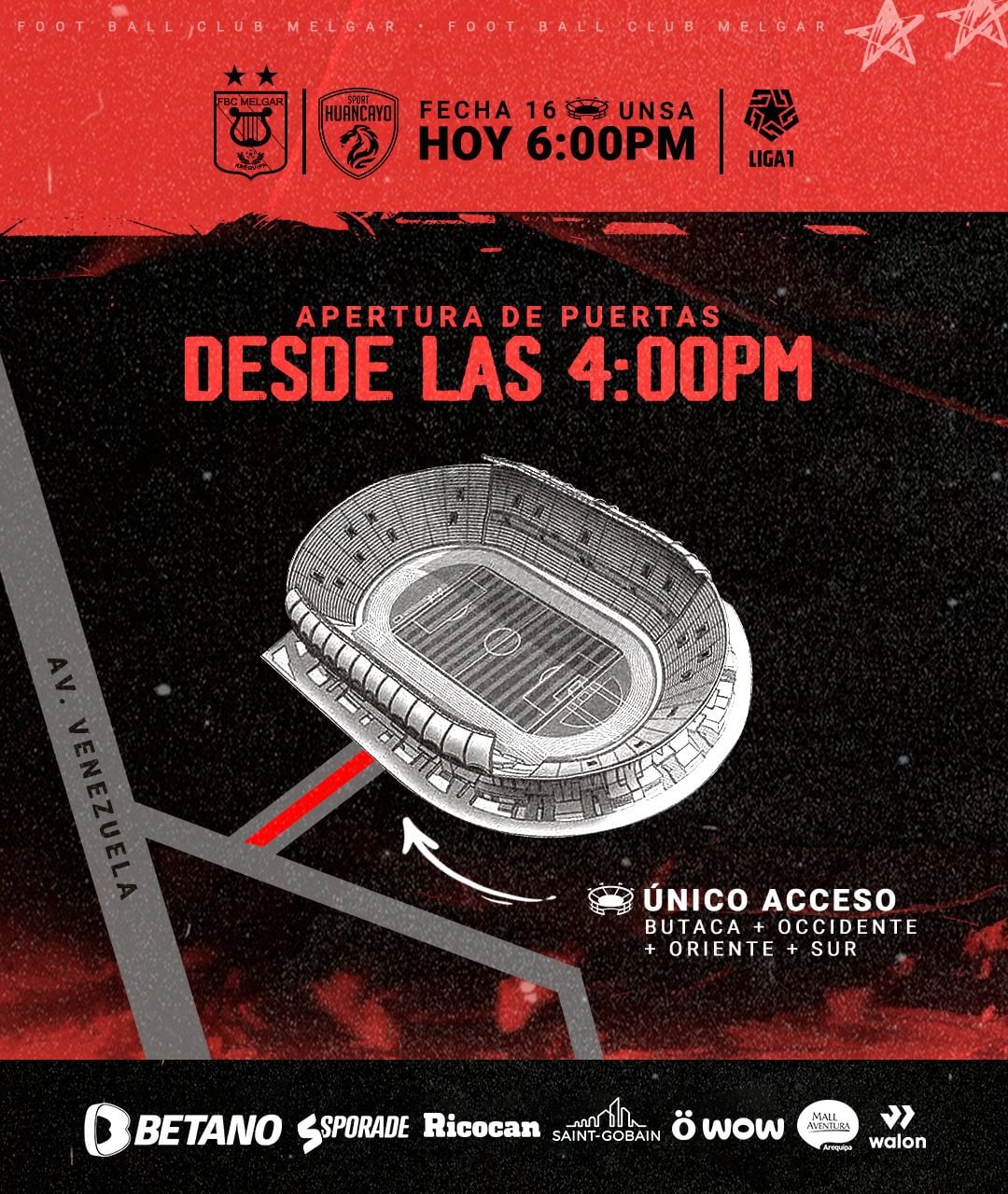 Puntos de acceso al estadio Monumental de la UNSA para el Melgar vs Sport Huancayo por la Liga 1 2024.