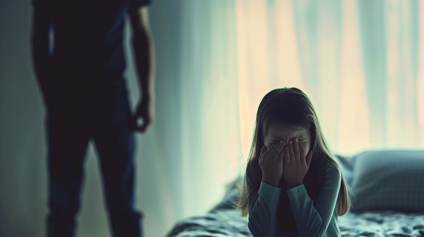 Una silueta oscura de hombre mirando a una niña triste en una cama representa el abuso infantil, maltrato y violencia doméstica. La prevención y el cuidado son fundamentales para proteger a los niños." (Imagen ilustrativa Infobae)