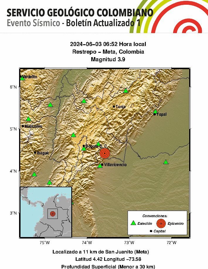 Reportan sismo en Meta, cerca de Bogotá