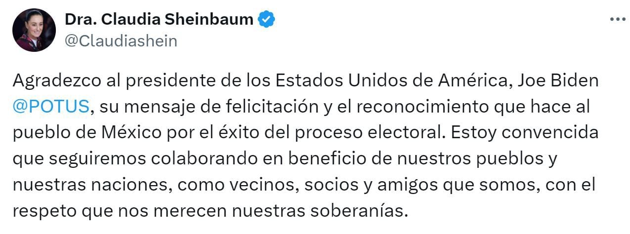 Claudia Sheinbaum responde a Joe Biden. (Foto: @Claudiashein)