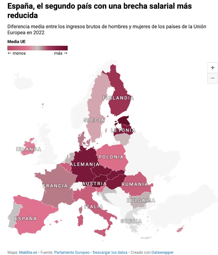 Mapa de la brecha salarial de género en la UE. (Maldita)