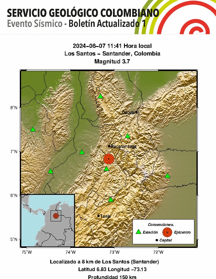 Temblor en Santander, de magnitud 3.7 - crédito SGC