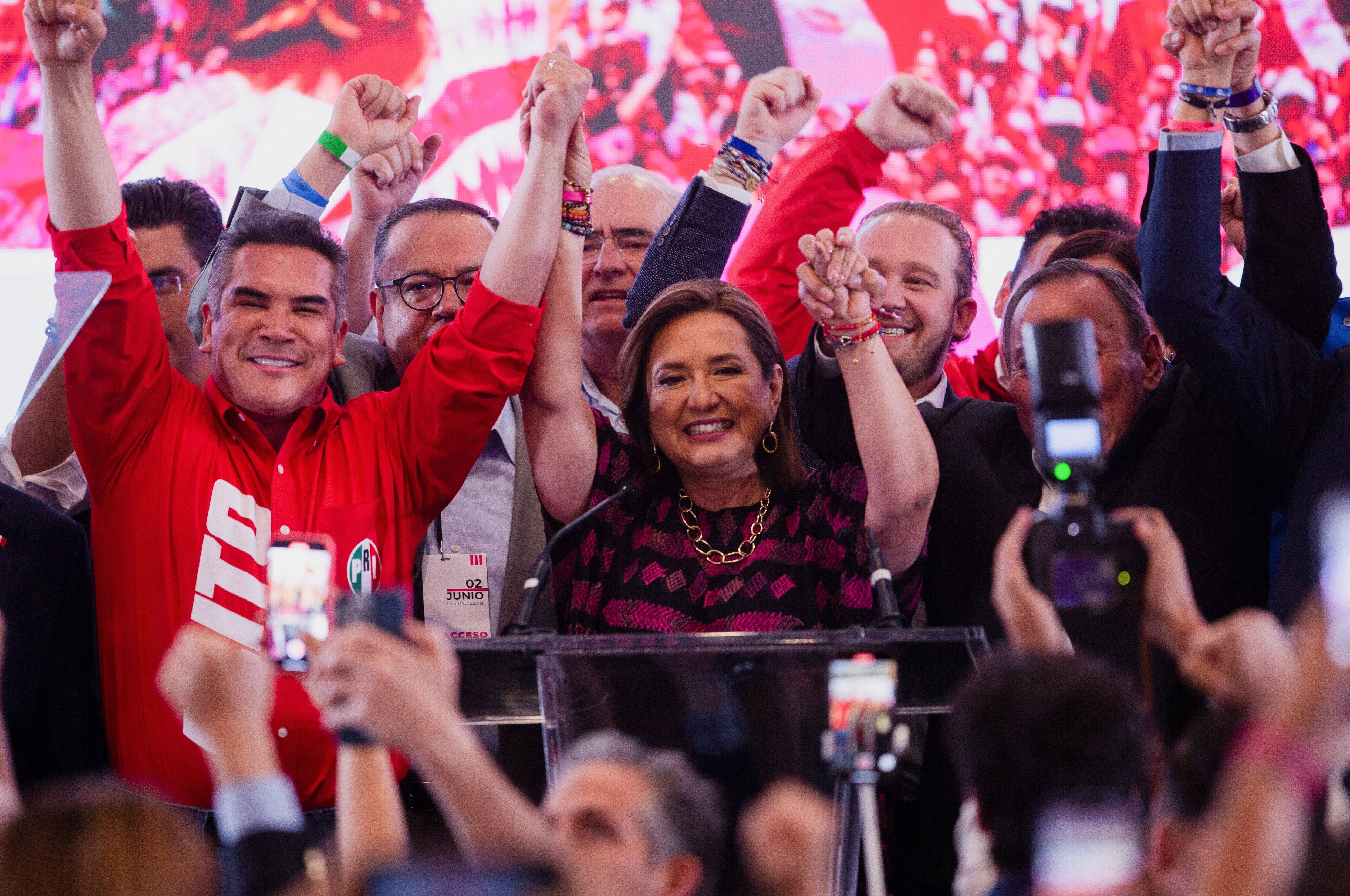 Opposition presidential candidate Xochitl Galvez reacts as she addresses supporters after polls closed in the general elections, in Mexico City, Mexico June 2, 2024. REUTERS/Quetzalli Nicte-Ha