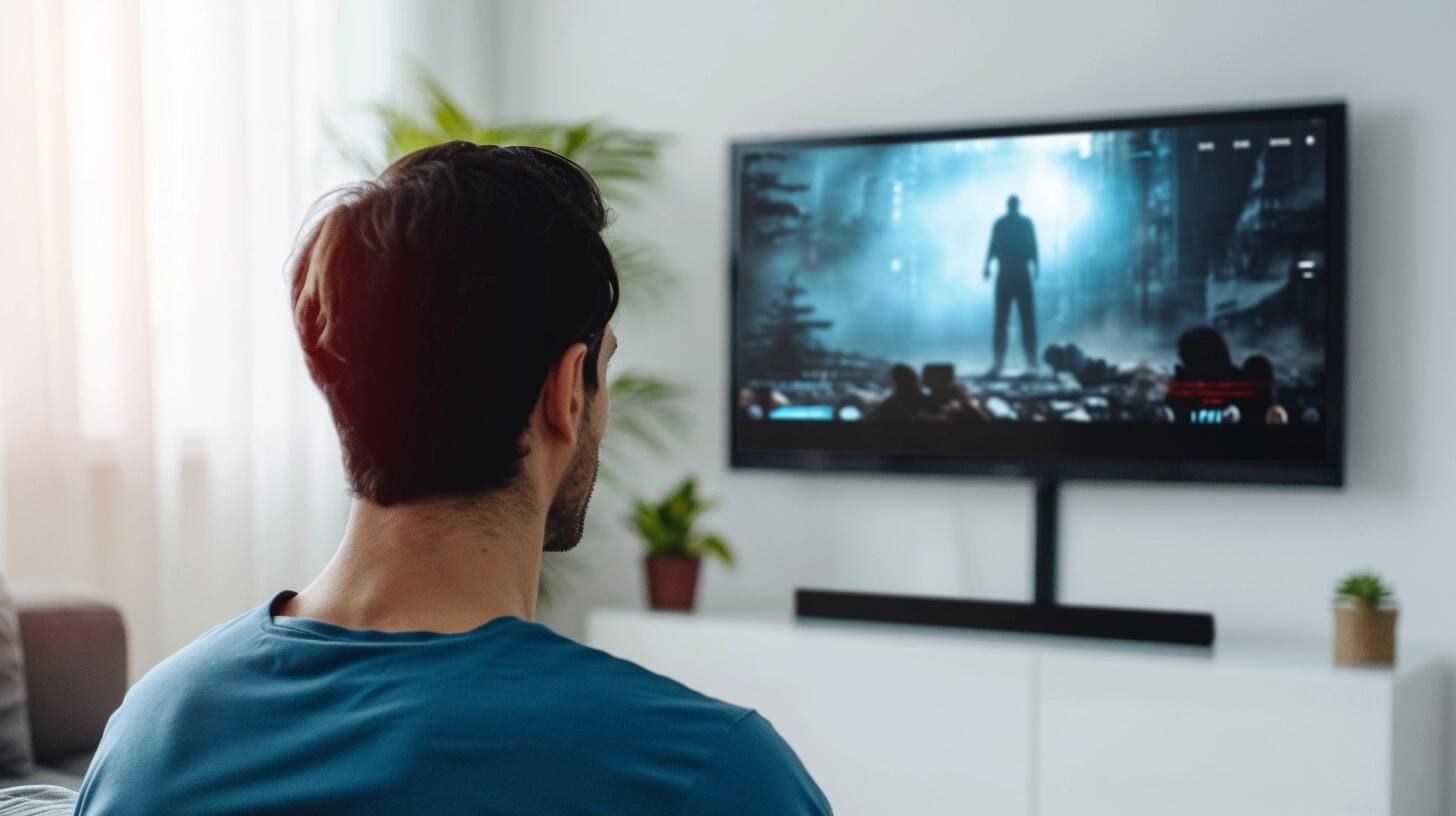 Text: Individuo relajado viendo televisión en el salón de su hogar, aprovechando las opciones de streaming para un maratón de sus programas favoritos, destacando el papel del internet en el ocio moderno.