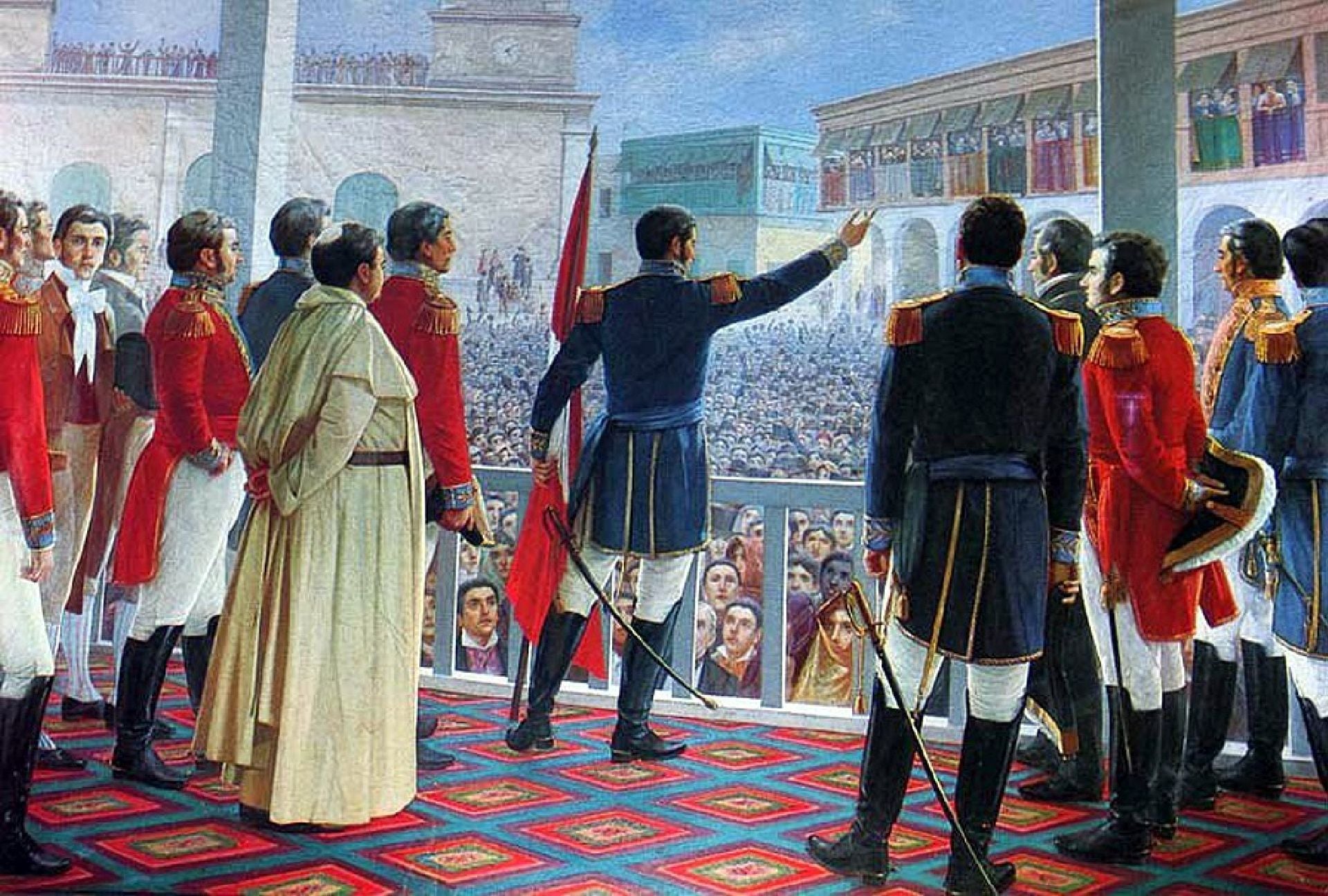 San Martín proclamando la Independencia del Perú frente a la multitud reunida en la Plaza de Armas de Lima (óleo de Juan Lepiani, en el Museo Nacional de Arqueología, Antropología e Historia del Perú)