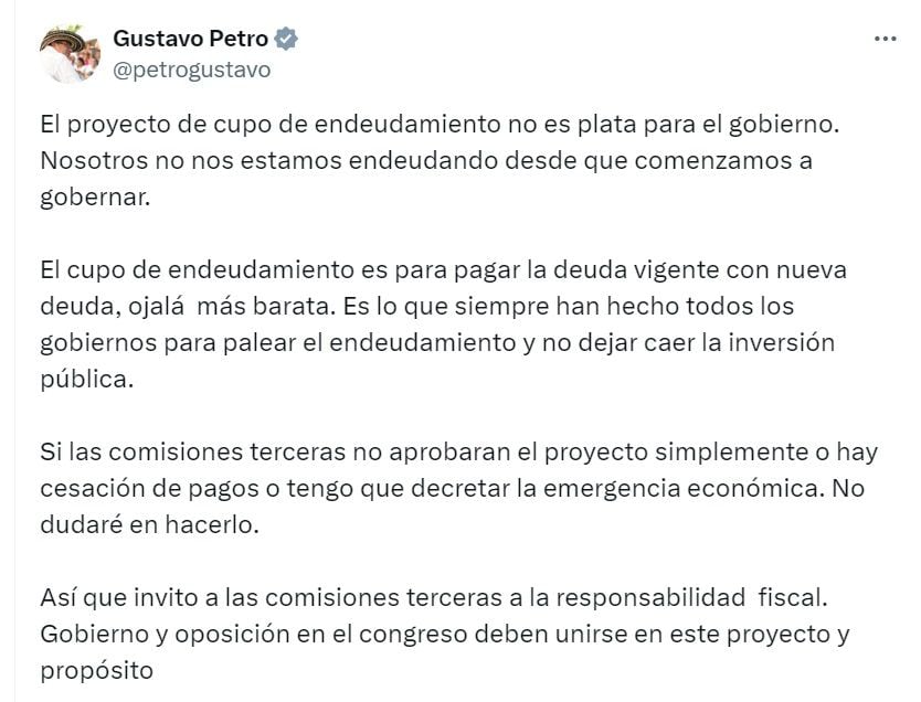 Gustavo Petro, presidente de Colombia, aseguró que su gobierno no quiere endeudar más al país - crédito PetroGustavo/X