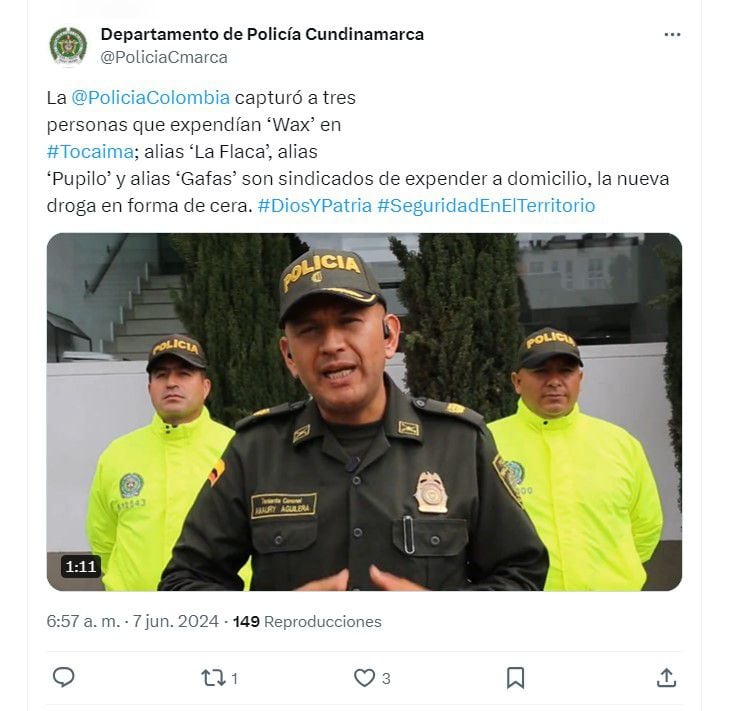 El coronel Amaury Aguilera López, comandante del Departamento de Policía Cundinamarca (e), indicó que esta sustancia viene en presentación como una forma de cera - crédito @PoliciaCundinamarca/X