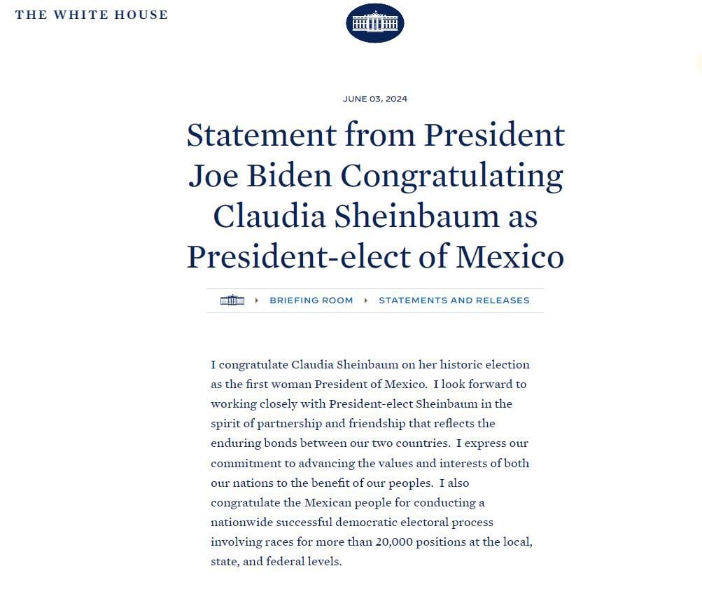 Comunicado Joe Biden felicitando a Claudia Sheinbaum (White House)