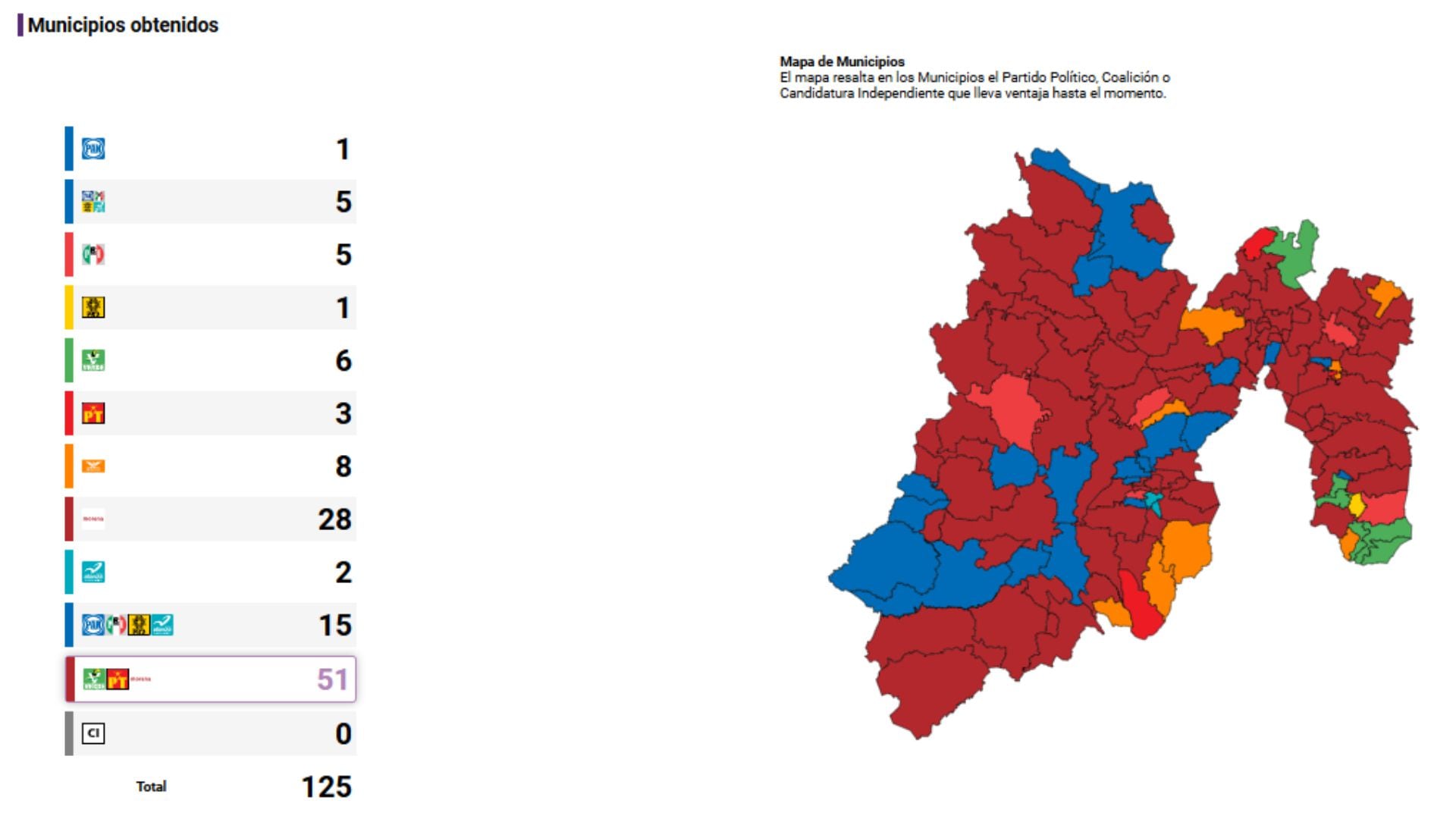 Mapa político del Edomex tras las elecciones de 2024. (IEEM)